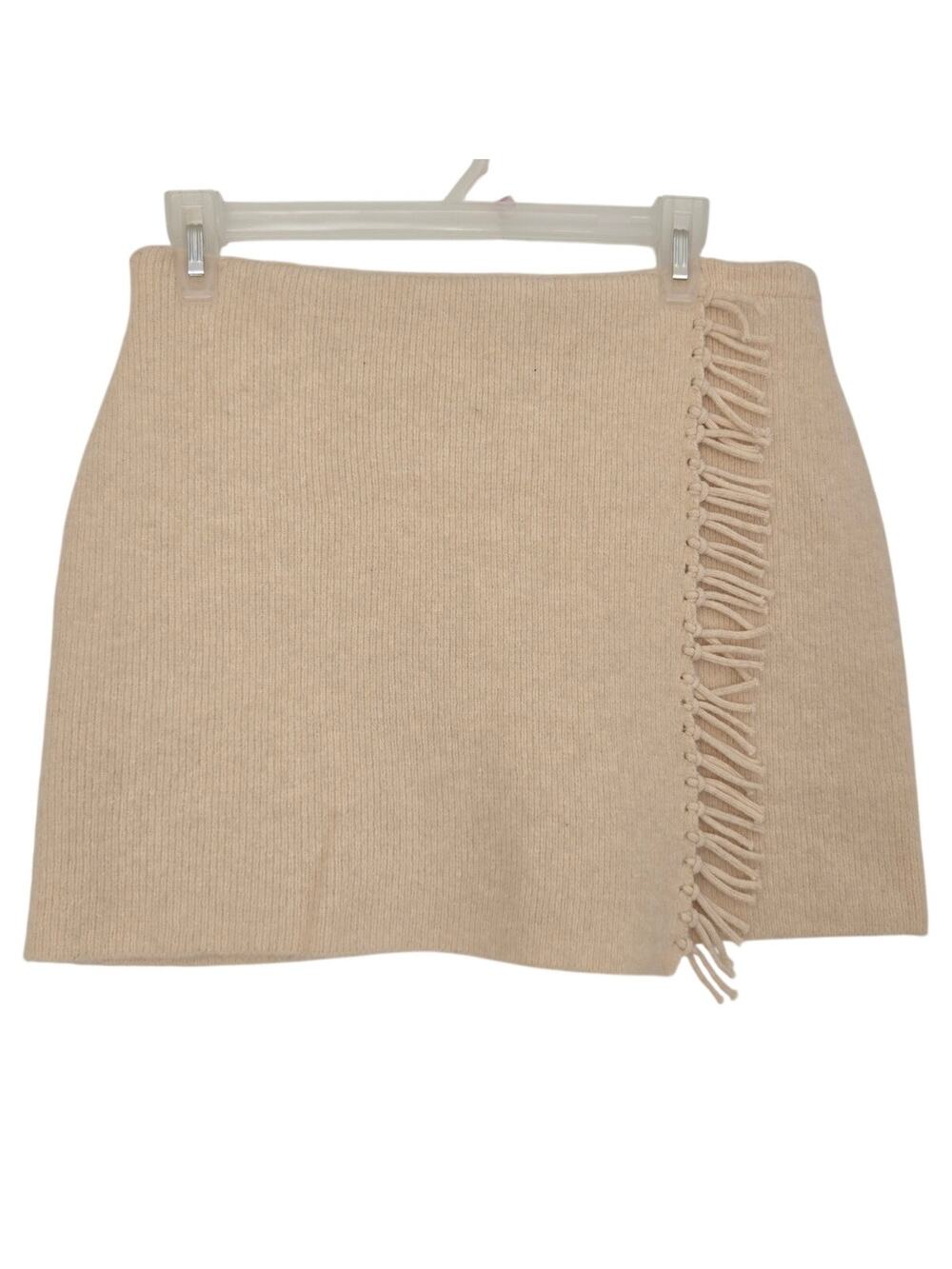 Cream Knit Mini Skirt Wrap Front Fringe Hem Boho Minimalist Aqua Medium
